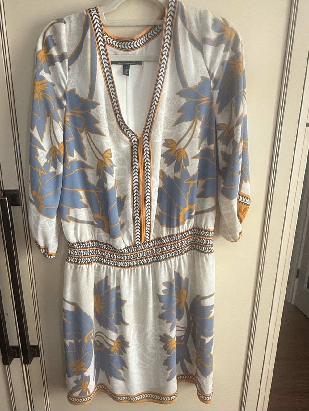 White House Black Market Blue and Gold Floral V-Neck Dress